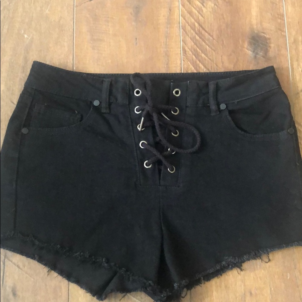 High waisted black tie up jean shorts